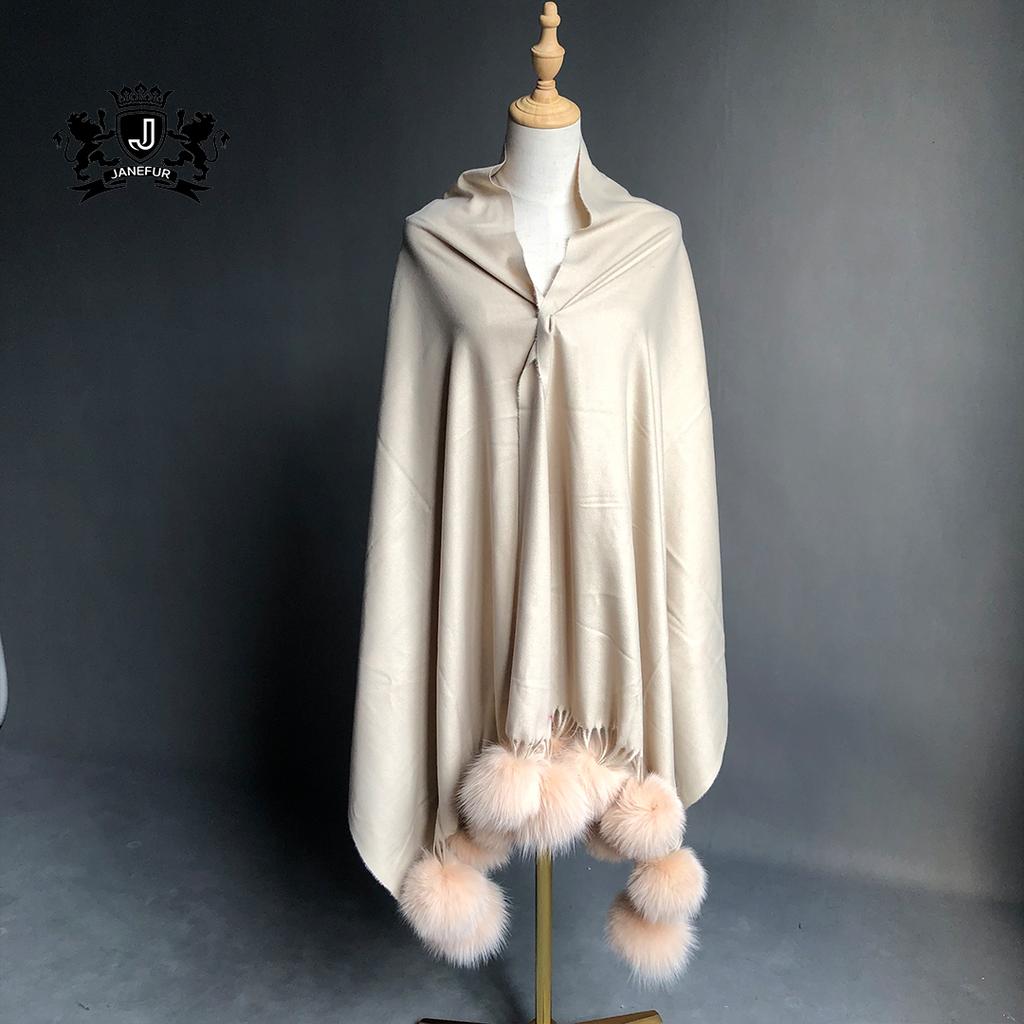 Factory Direct Pashmina Shawl Women Cashmere Scarf Shawl With Fox Fur Pompoms