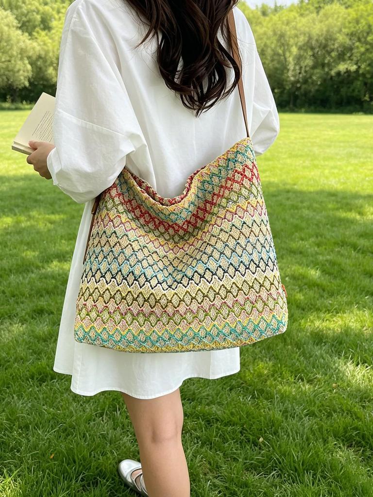 Stylish Striped Straw Shoulder Bag - Large Capacity Korean Vacation Handbag for Women