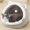 1 Comfortable Cartoon Cat House with Removable Pad, Modern Style Pet Bed Cave, Indoor Plush House Bed with Pompom