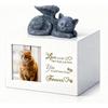 Cat Memorial Urn for Ashes - Wooden Cat Keepsake Box with Photo Frame, Resin Angel Statue & Velvet Ash Bag, Pet Loss Remembrance Gift (White)