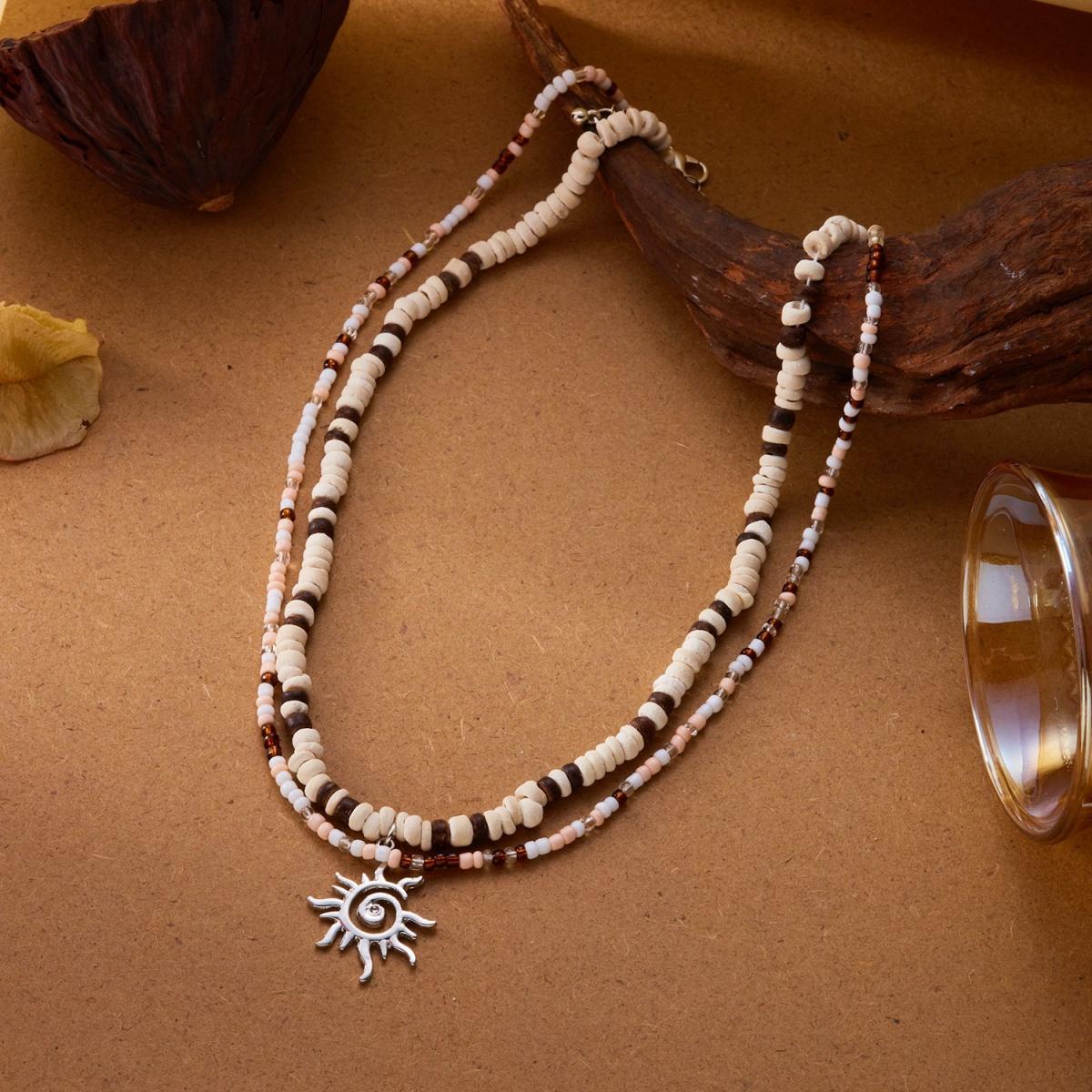 

Double-Layer Wooden Rice Beaded Sun Pendant Necklace For Women Men Bohemian Vacation Sun Flower Clavicle Chain Choker Zircon