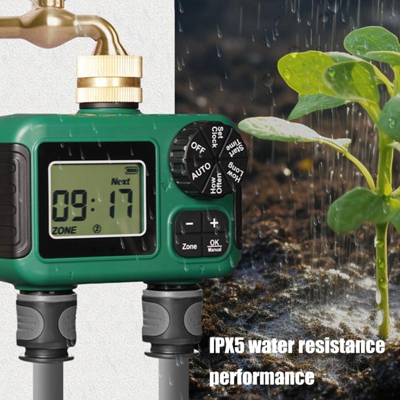 Robust Vattentät Dubbelzons Trädgårdsvattningstimer Mässingsinlopp Automatisk Sprinklerkontroller Med LCD-skärm