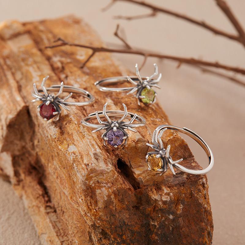 Spider Natural Purple Citrine Topaz Garnet Peridot Ring Women'S S925 Sterling Silver Colored Treasure Open Ring