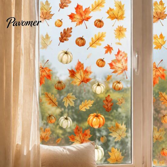 Waterproof PVC Window Art Watercolor Fall Static Clings, Maple Leaf & Pumpkin Removable Stickers, Autumn Seasonal Wall Decor Decal for Thanksgiving