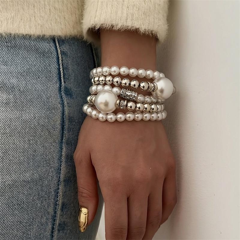 6Pcs Cute Bowknot Heart Bracelet Set For Women Pink Acrylic Beads Imitation Pearl Elastic Bangles Girl Party Daily Sweet Jewelry