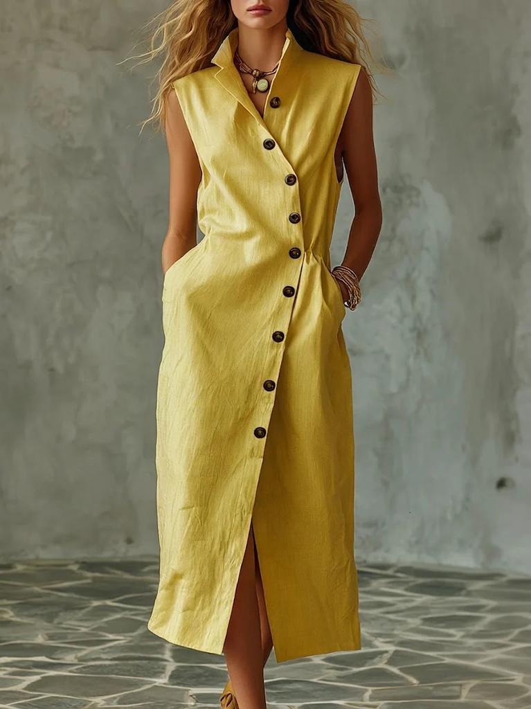 European and American solid color sleeveless dress women's summer lapel breasted breathable waist temperament dress