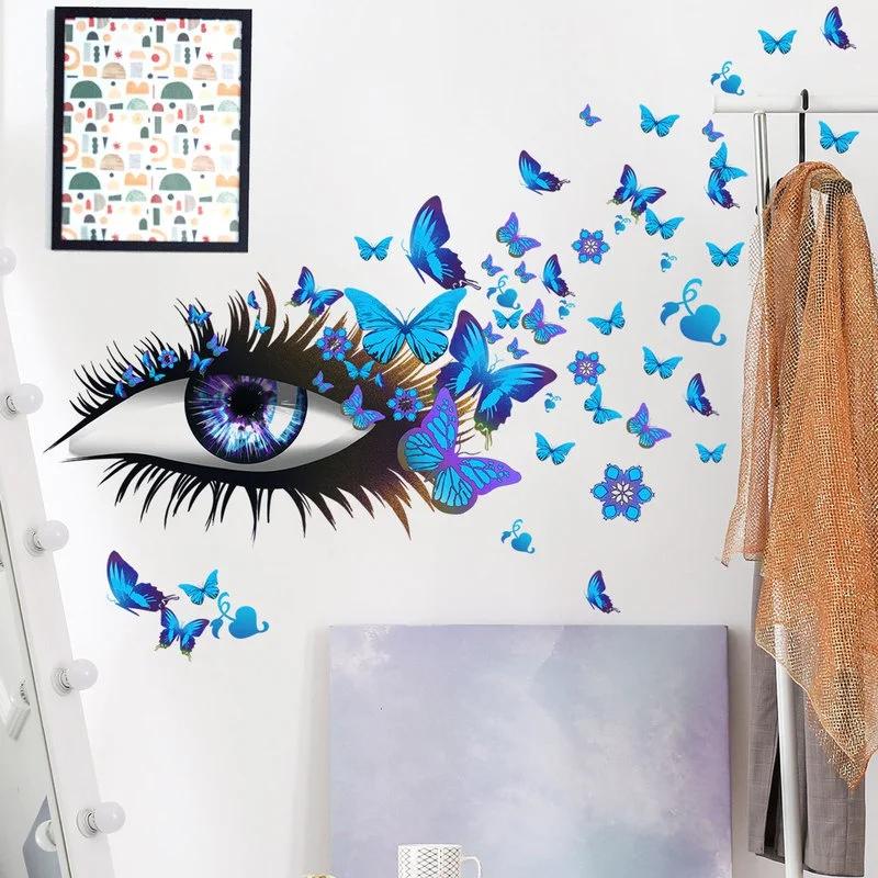 Creative Beautiful Girl Eyes Wall Sticker Flying Butterfly Wall Decals Girl Long Eyelashes for Couple Lovers Bedroom Decoration