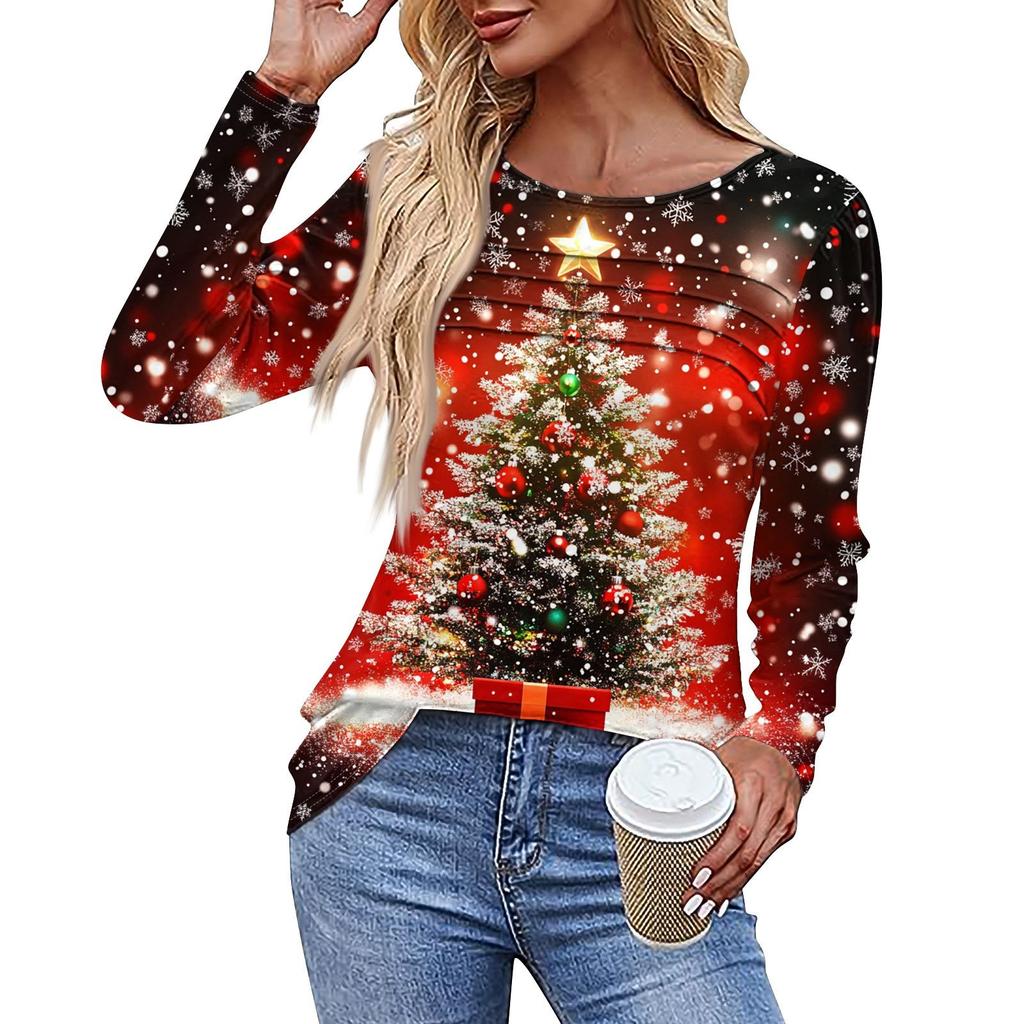 Ladies' Casual Fashion Printed Round Neck Long Pleated T-shirt Top Christmas
