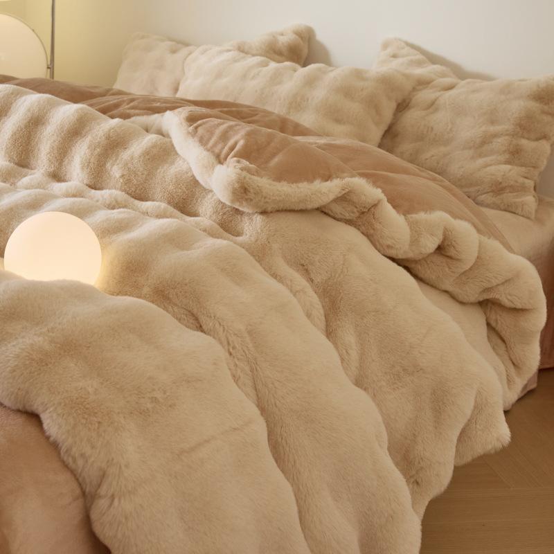 Rabbit Fleece Four-Piece Light Luxury Thickened Milk Fleece Bed Warm Double-Sided Fleece Quilt Cover Mattress Model
