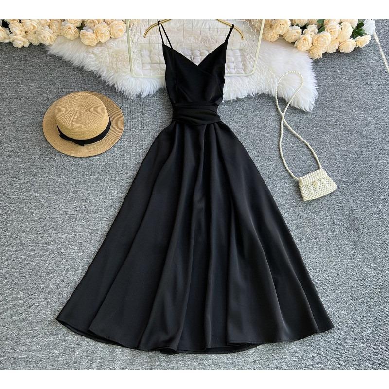 YYFS Women's Fashion Summer Spring Solid Color Print Sleeveless V-Neck High Waist Casual Dresses