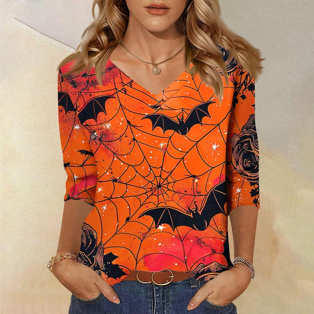 Women V Neck Casual Top Halloween Print 3/4 Sleeve Lightweight Blouse for Everyday Wear Comfortable Fit