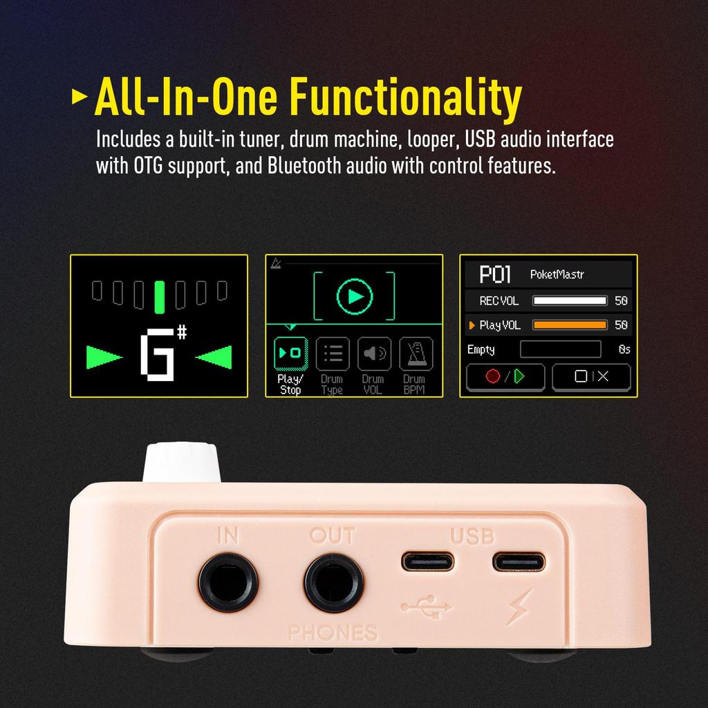 SONICAKE Pocket Master Portable Multi-Effect Pedal 100+ Effects Guitar Bass Acoustic Amp Modeling IR Cabinet Stereo OTG USB Audio Rechargeable Pink