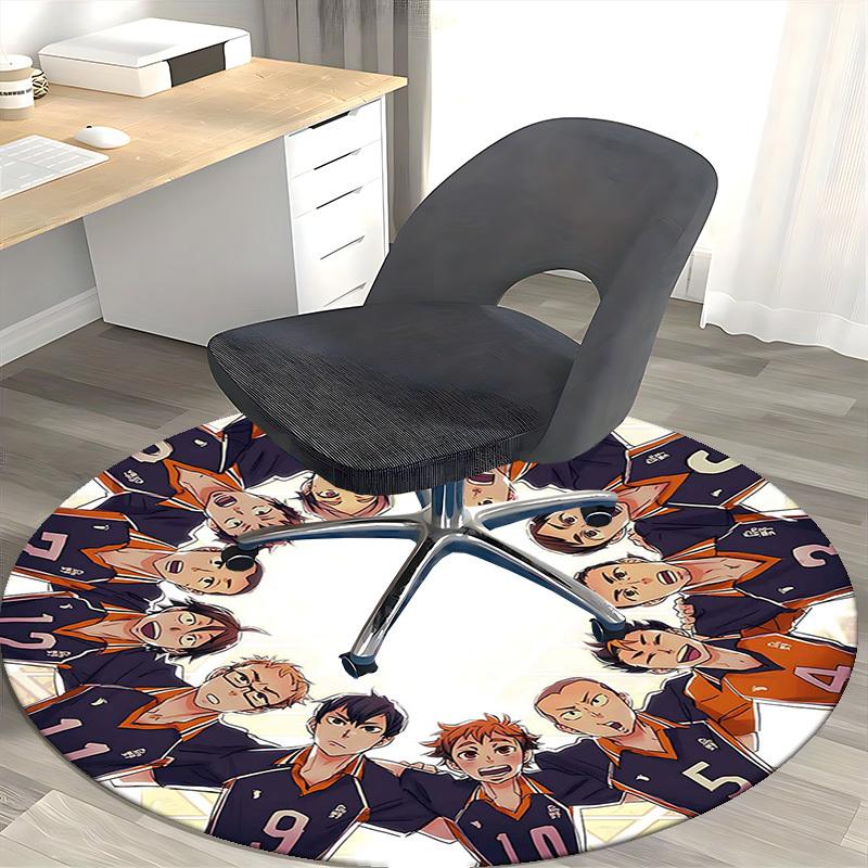 1pc Anime Volleyball Team Round Carpet  Office Chair Mat, NonSlip Rug with Haikyuu Characters for Anime Lovers