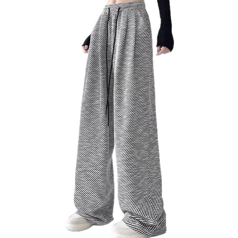 Women's Gray Striped High-Waisted Wide-Leg Pants - Floor-Length Slimming Drapey Trousers