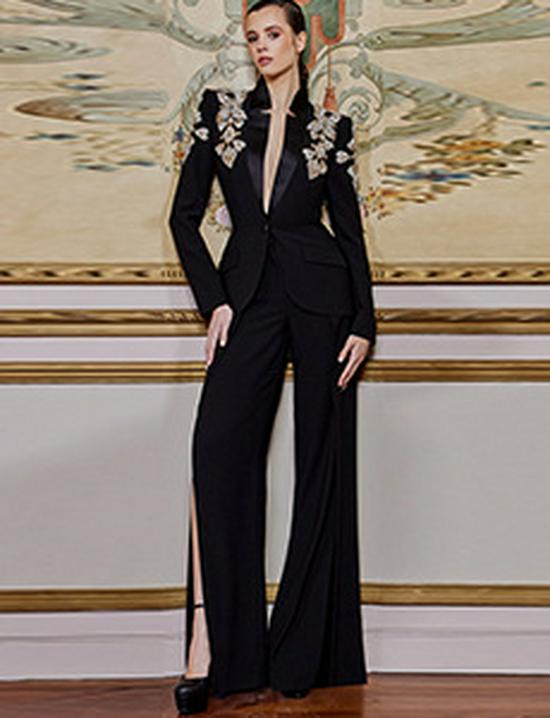 In Stock: 2025 European & American Fashion Beaded Jacket & Slit Flared Pants Set