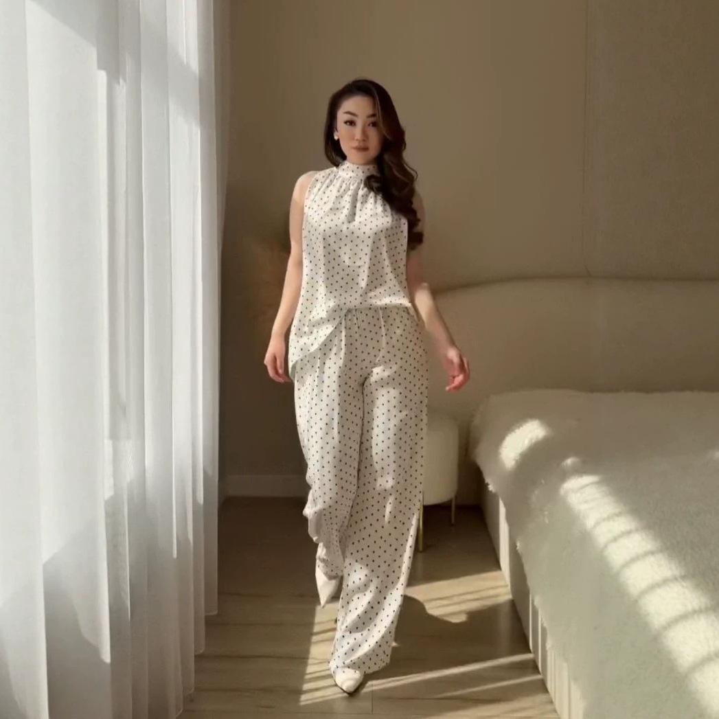 European and American women s clothing new polka dot stand-up collar sleeveless loose top high waist wide leg pants casual suit XS