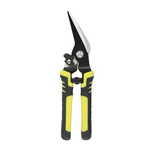 Multi-purpose scissors, heavy-duty, approximately 207mm long, for cutting metal, cardboard, fabric, cardboard, and bulky waste. Spring-loaded handle f