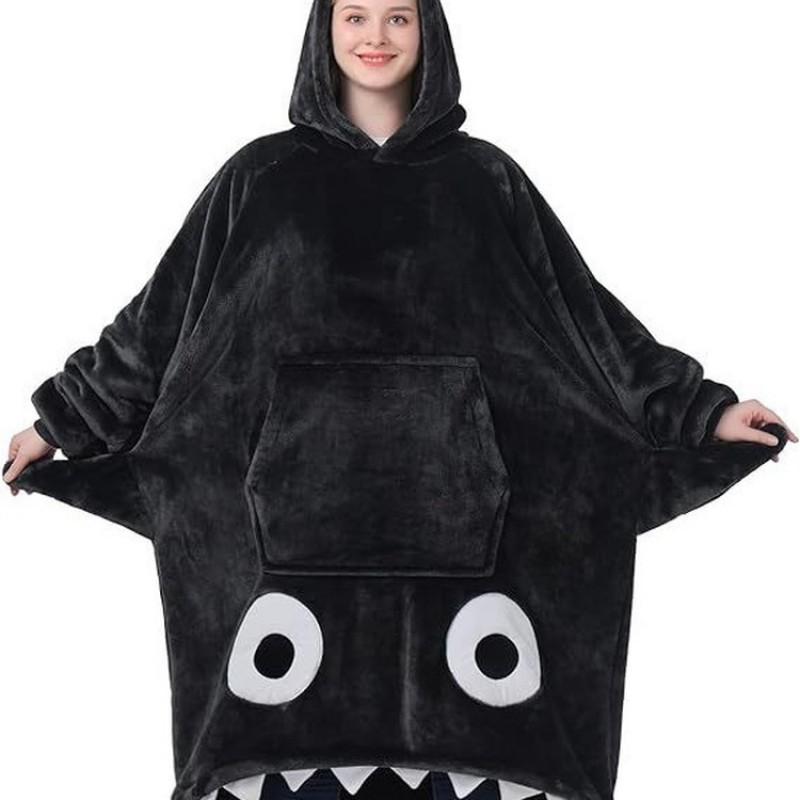 D77 Winter Flannel Hoodie Blanket Cute Eye Shark Cartoon Couples