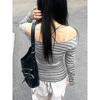 Japanese Basic Slim Long Sleeve Stripe Tee Off Shoulder O Neck Korean Street Style Spring Autumn Y2K Gray T Shirt Women