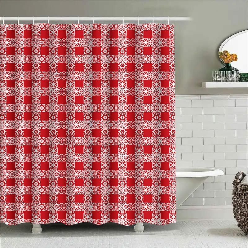 Modern Red White Bath Shower Curtain with Geometric Design for Bathroom Decoration Waterproof Fabric Customizable Size Available