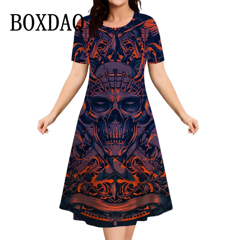 Vintage Skull Women Dress Fashion O-Neck Casual Short Sleeve Dress Summer Female Harajuku Punk Streetwear Clothing