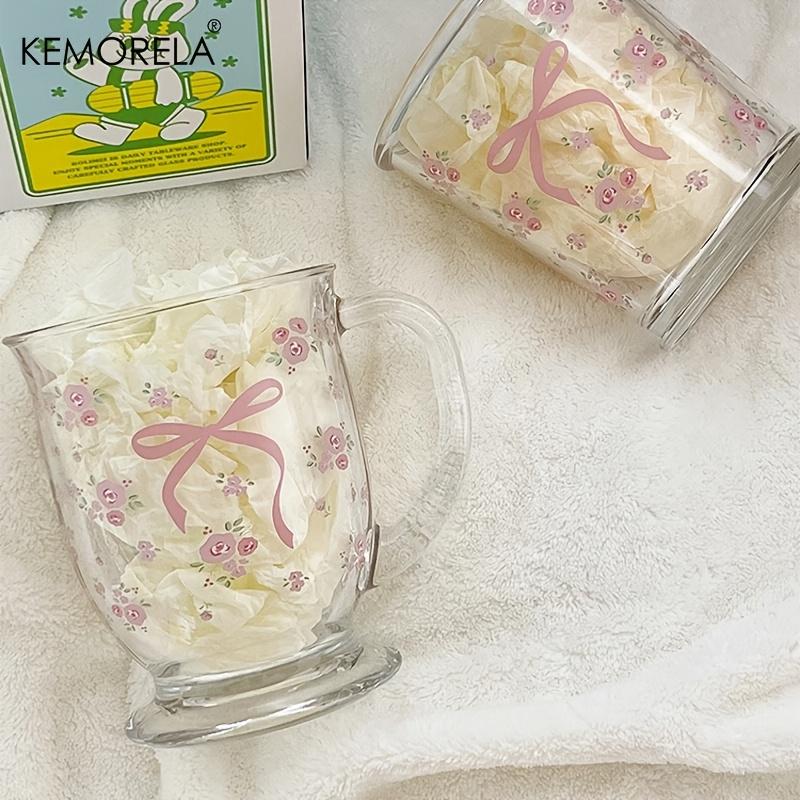 KEMORELA 1/2 ST Blomma Ros Rosett Mönster Glas 450ml Multifunktionell U-formad Handdiskbar Återanvändbar Glas Lämplig För Kaffe
