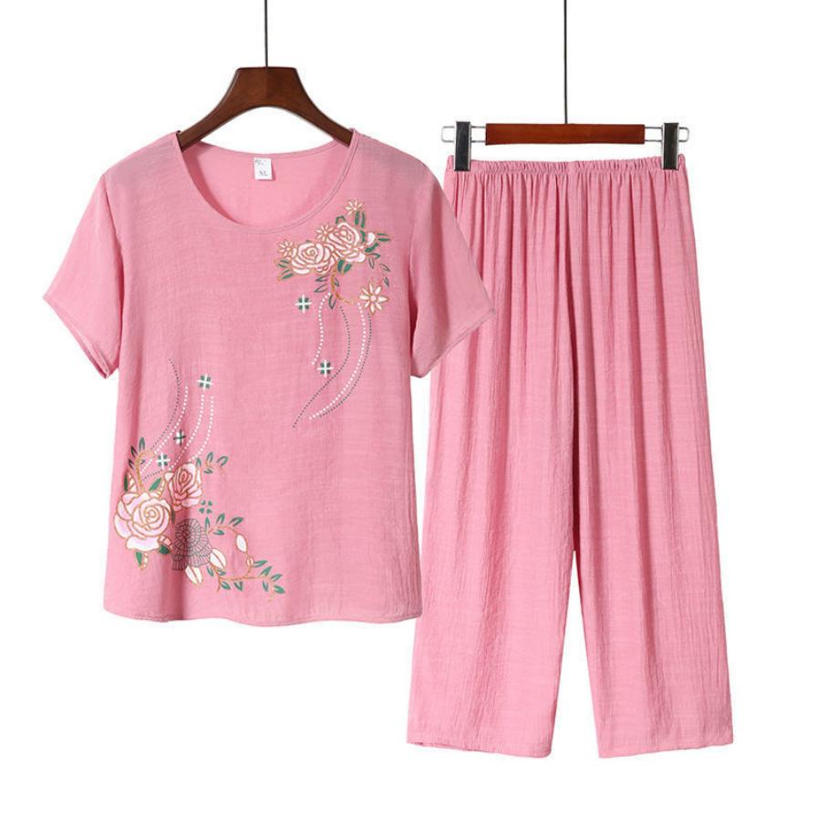 Dámské oblečení Květinový potisk Tričko Kalhoty Volný Dvoudílný Set Letní Domácí Set Outfit s krátkým rukávem pro střední věk