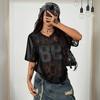 2026 New Printed Loose Casual Street Style See-through Sexy Lace Patchwork Short Sleeve T-shirt