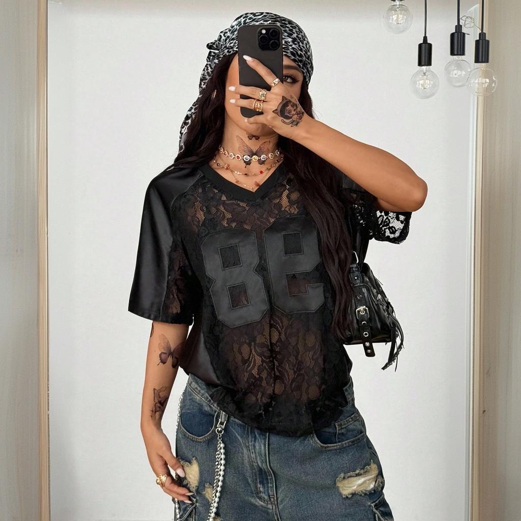 2026 New Printed Loose Casual Street Style See-through Sexy Lace Patchwork Short Sleeve T-shirt