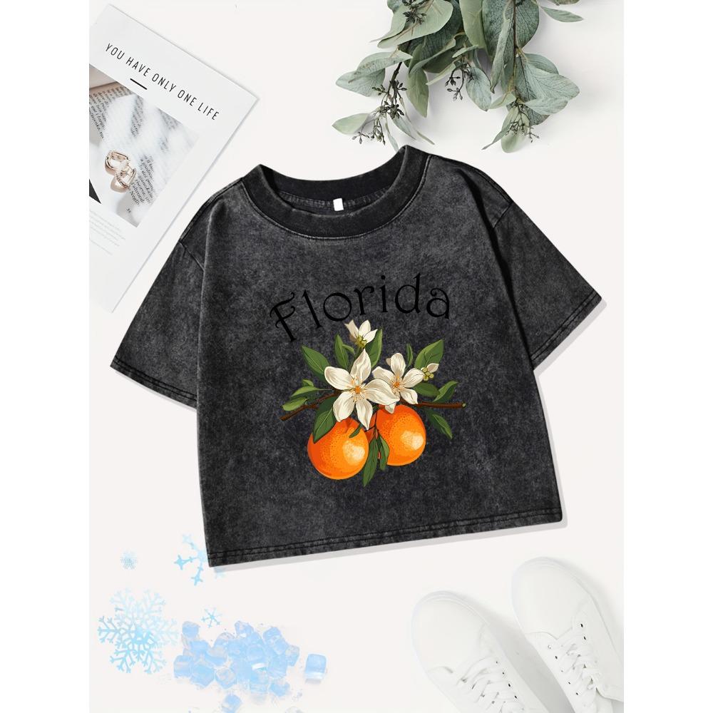 Y2K Cotton Crop Tops Women Fresh Oranges From Florida Prints Washed T-Shirts Fit O-Neck Streetwear Street Clothes