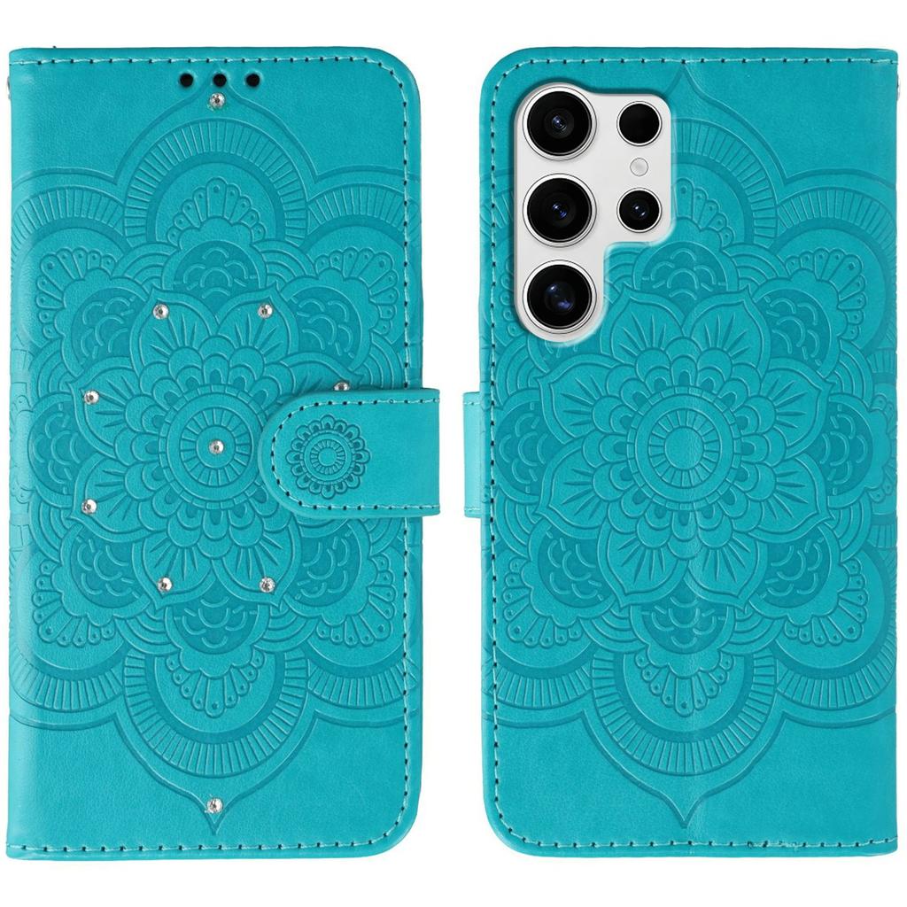 For Samsung Galaxy S24 Ultra Case Rhinestone Decor PU Leather Mandala Imprinted Design Phone Cover with Wrist Strap