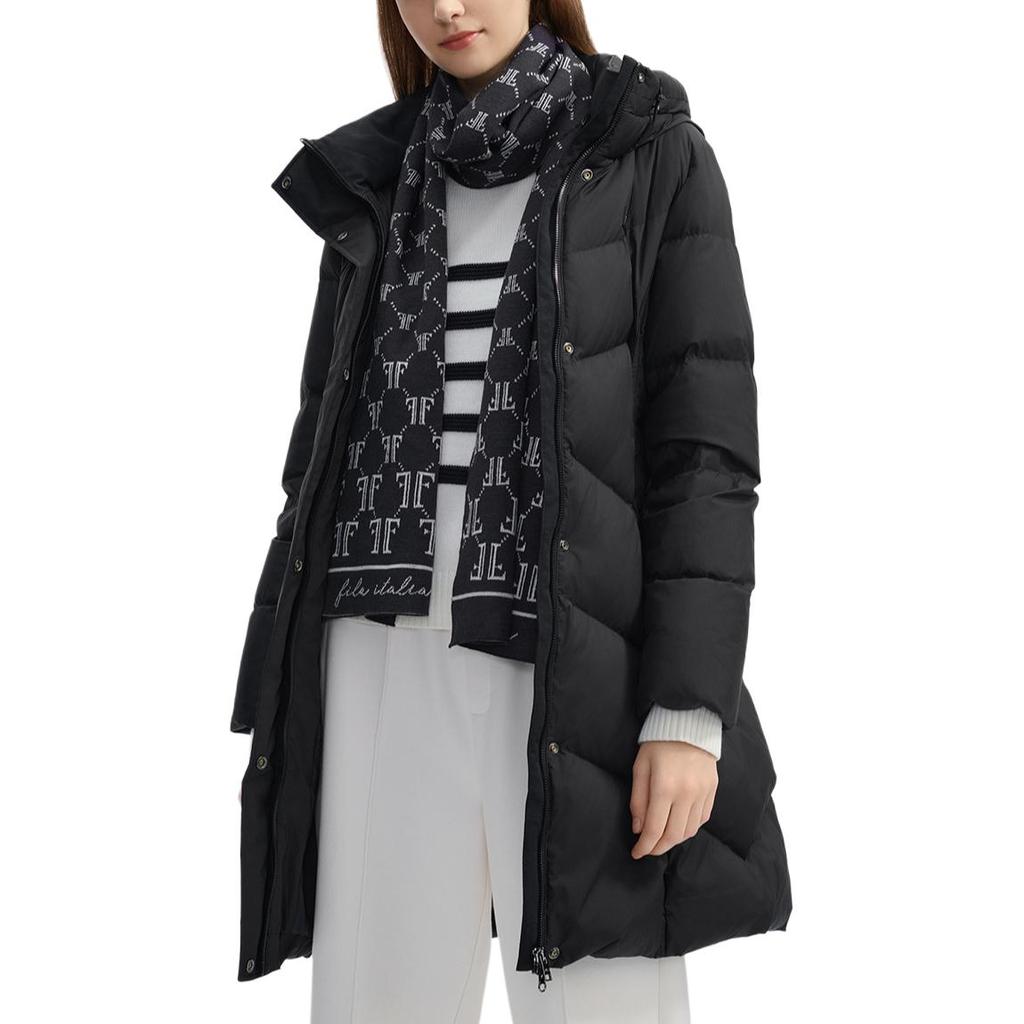 FILA Lifestyle White Logo Pattern Outdoor Casual Sports Zip-Up Hooded Warm Down Jacket Women Jacket Black F11W443903FBK