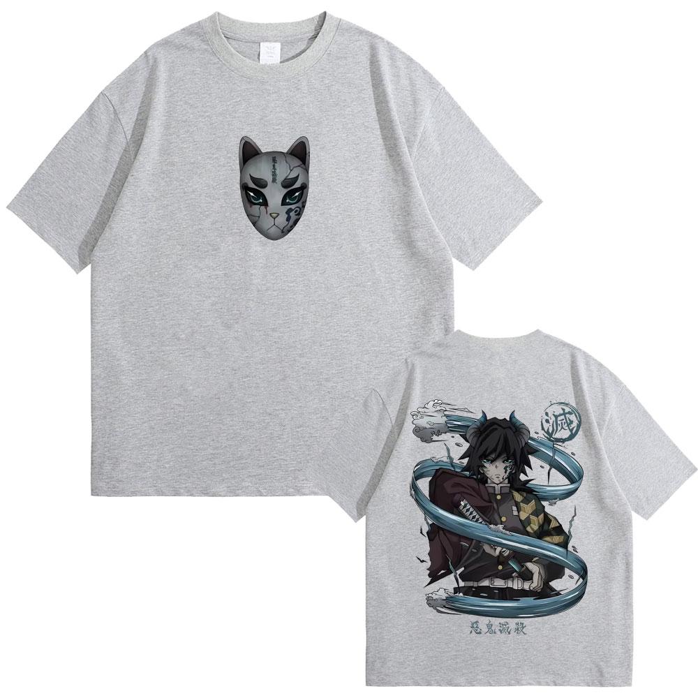 Anime Demon Slayer Tomioka Giyuu Double Sided Print T-shirt Men Women Clothing Cartoon Oversized T Shirts Man Casual Cotton Tees