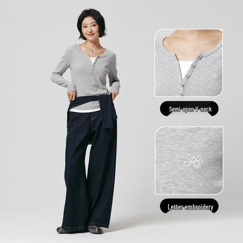 Hotwind Women's Faux Two-Piece Long Sleeve V-Neck T-Shirt