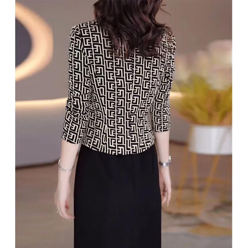 Damen Herbst Elegant V-Ausschnitt Kleider Druck Knopf Patchwork Reißverschluss Temperament Kleider