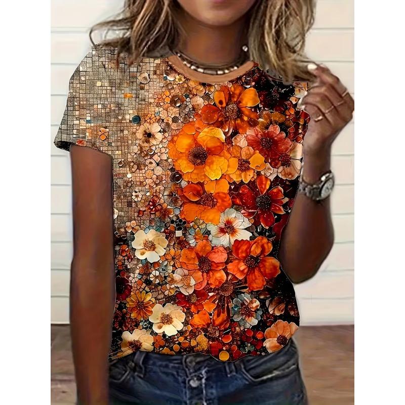 Trendy Personalized Gold Chrysanthemum Printed Large T-shirt Party Hot Short Sleeve Round Neck Women s Top 5XL