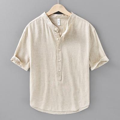 Cotton and Linen Stand Collar Summer Short-sleeved Shirt Pullover Simple Casual Linen Shirt