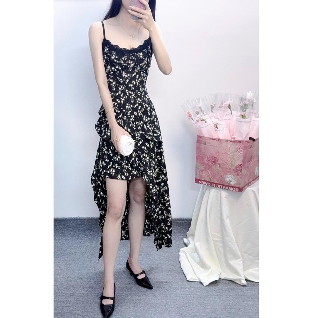 New early spring cold black floral suspender dress children's French temperament irregular long dress