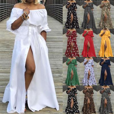 Moda damska Off The Shoulder Elegancka długa sukienka Halff Lantern Przyciski rękawów Rozcięcie Party Casual Maxi Sukienki