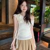 French Pure Desire Niche Design Swinging Neck Streamer Slanted Shoulder T-shirt Women's New Spring and Summer Pleated Thin Top
