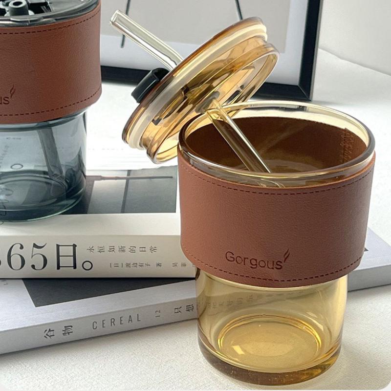 Bamboo Shaped Glass Cup with Leather Cover, Anti-Scalding, Good for Coffee and Tea Stylish and Portable Ideal for Home or Office