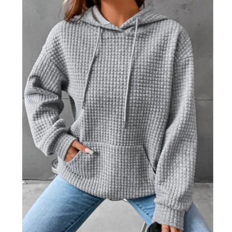 Büyük Beden Günlük Sweatshirt, Kadın Büyük Beden Düz Waffle Desen Uzun Kollu Cepli Bağcıklı Kapüşonlu Sweatshirt