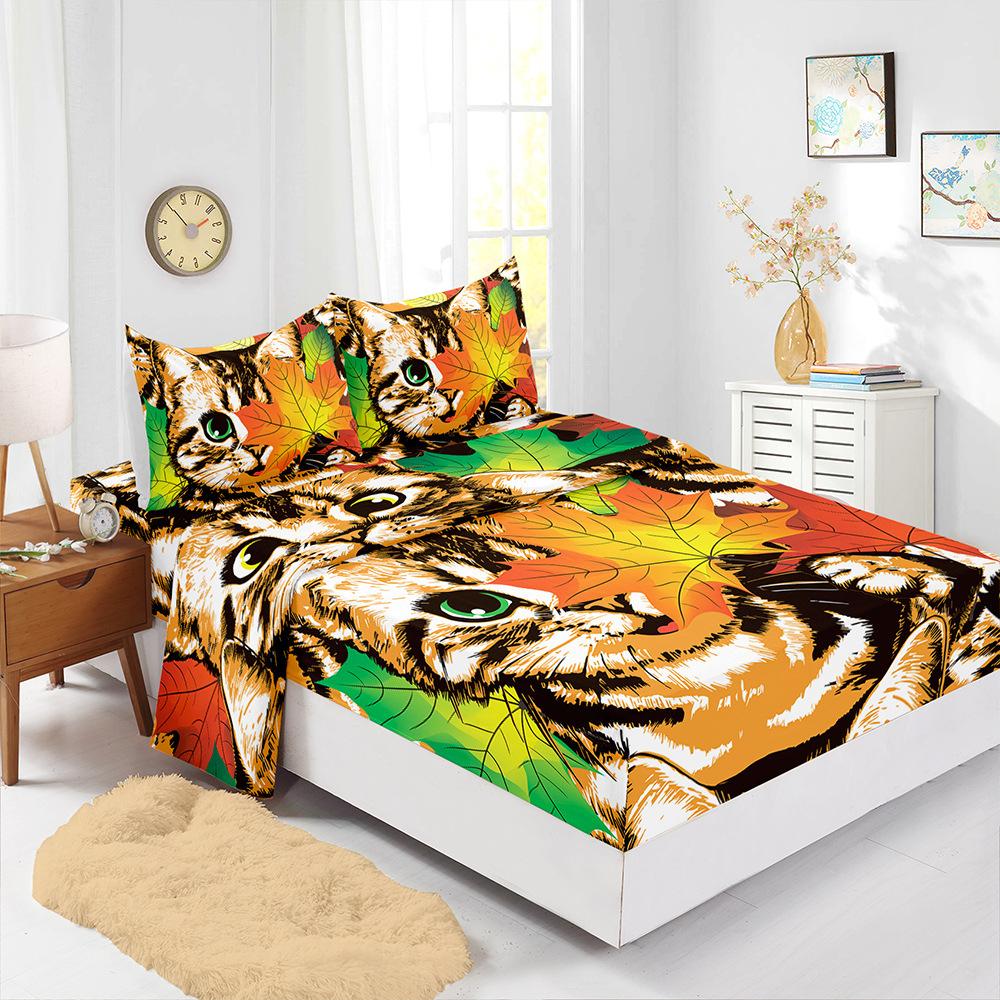 Four-Piece Mattress Set Autumn Deciduous Maple Leaf 3D Digital Printing Kit Mattress Protective Cover