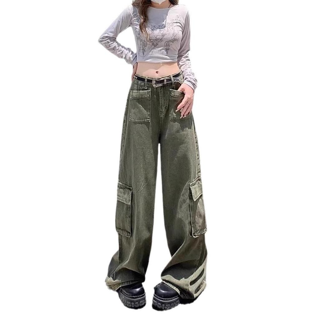 Plus Size High Waist Army Green Slimming Cargo Pants - 2025 Hip-Hiding Loose Straight Leg Jeans