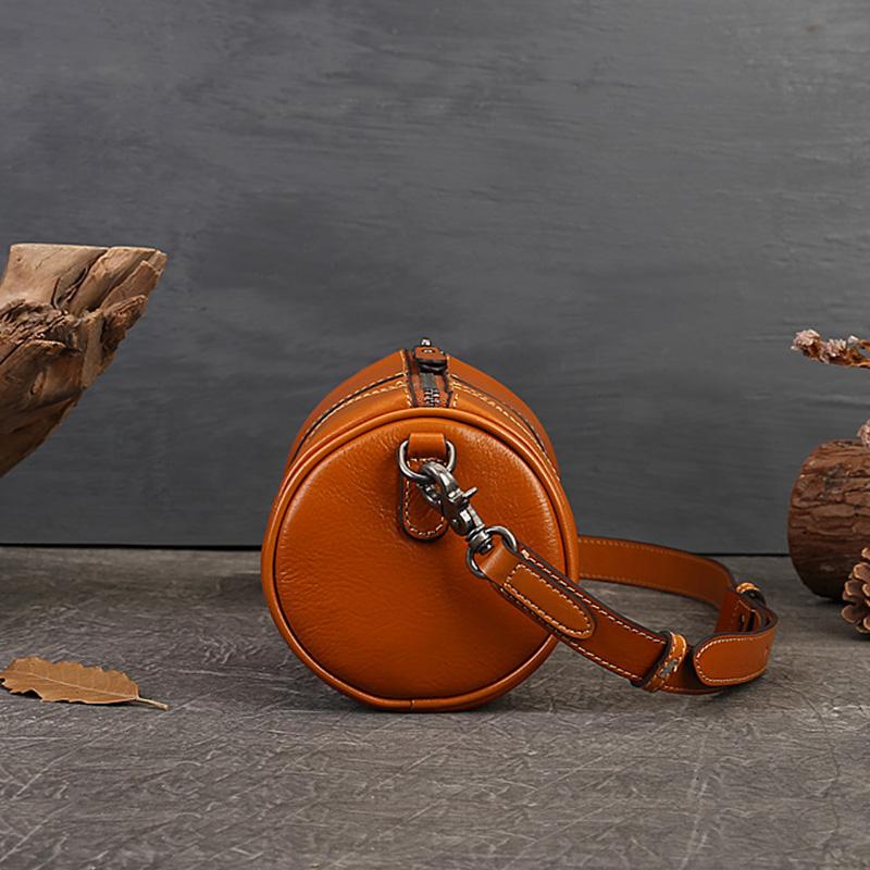 Single Shoulder Bag Fashionable Retro Large Capacity Cylindrical Bag Genuine Leather One Shoulder Crossbody Bag