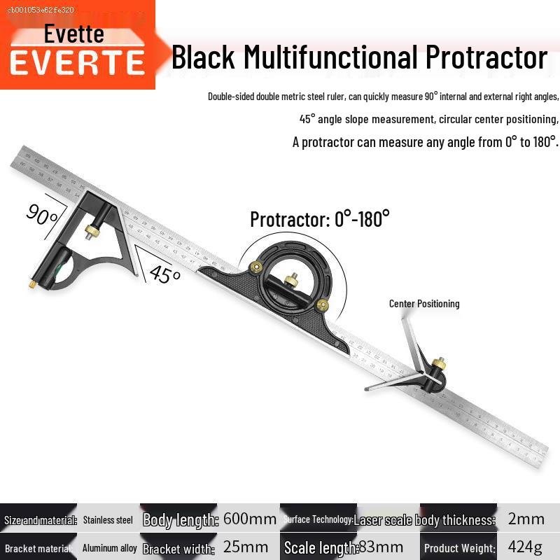 Multifunctional Stainless Steel Horizontal & Right Angle Combination Ruler for Woodworking