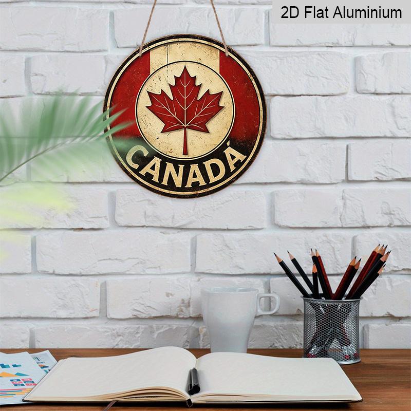 2D Flat, 1pc Round Aluminum Canada Maple Leaf Sign, Vintage Retro Canadian Flag Wall Decor, Waterproof & Durable, Perfect for Canada Day, Home