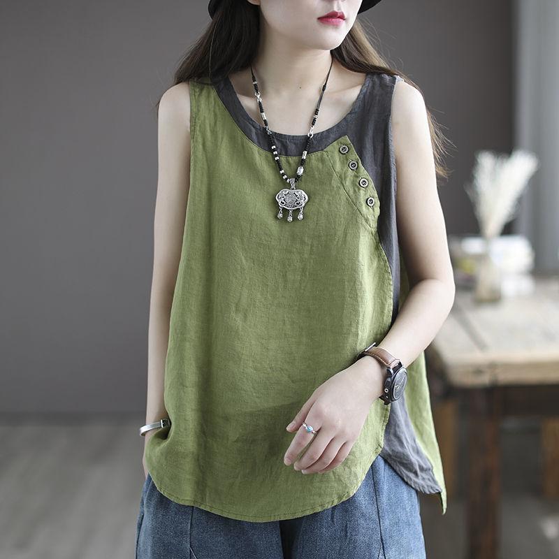 Summer New Loose Camisole Vest Women's Thin Asymmetric Top Button Decoration Splicing Design