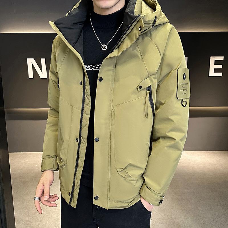Winter new down jacket men's short hooded jacket short hooded tooling trendy brand white duck down thermal top men