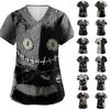 Women's Halloween Print Scrub Top – Short Sleeve V-Neck with Pocket and Side Slits for Professionals